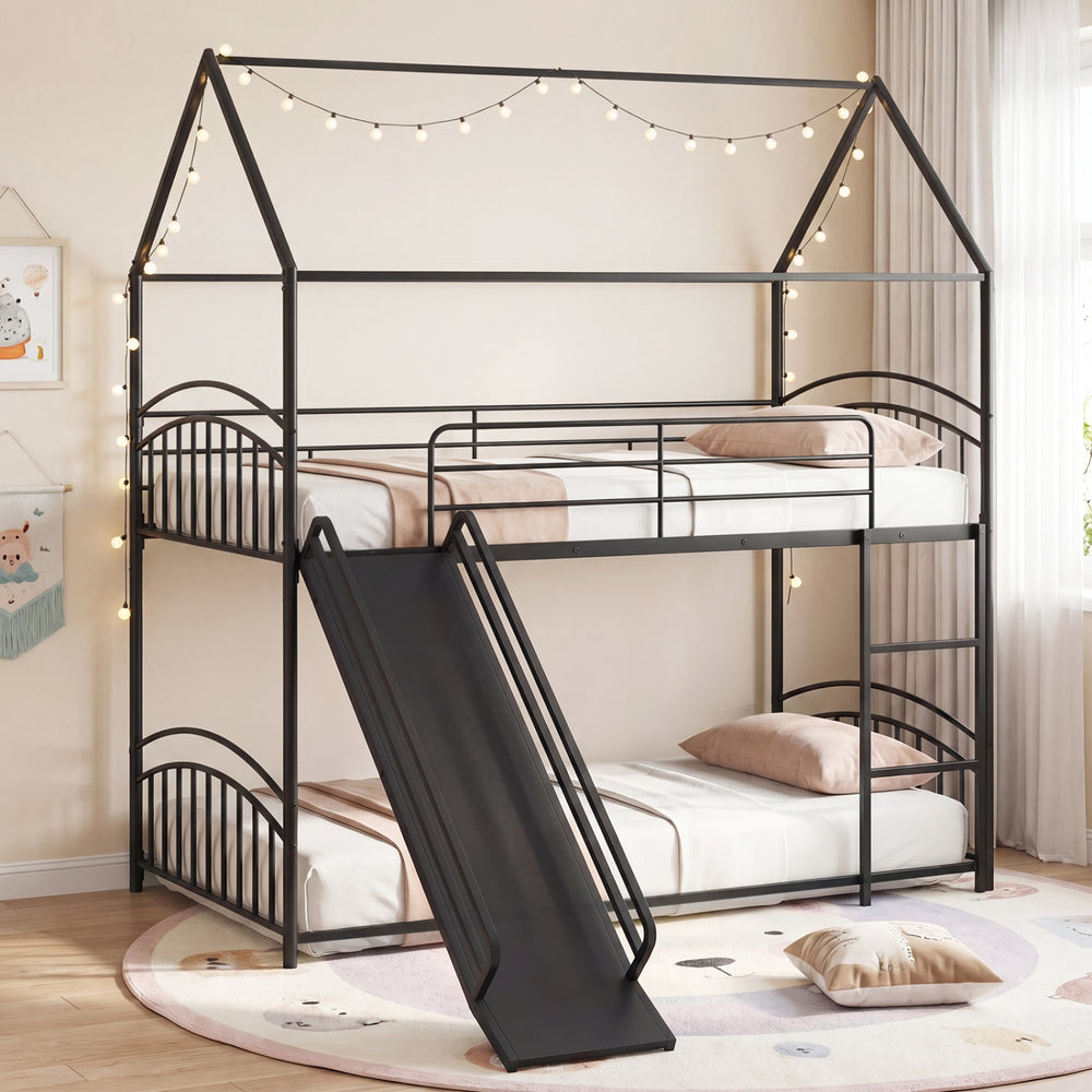 Bunk Bed Twin Over Twin House Bunk Bed Frame with Metal Slats-Black - Gallery View 1 of 12