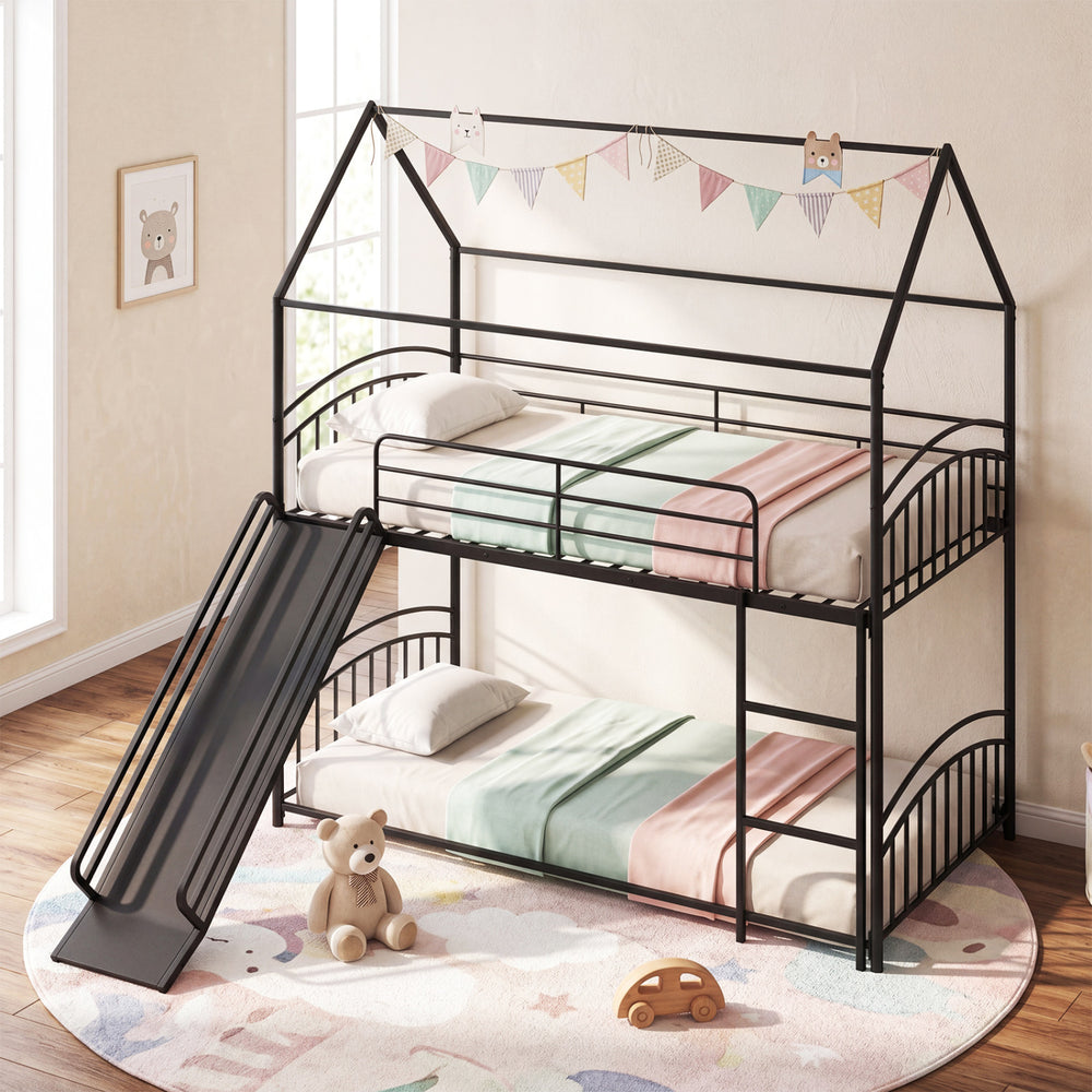 Twin-over-twin black house bunk bed frame with slide and ladder, perfect for kids' rooms and shared spaces.