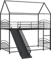Twin-over-twin black house bunk bed frame with slide and ladder, ideal for kids' rooms and shared spaces.