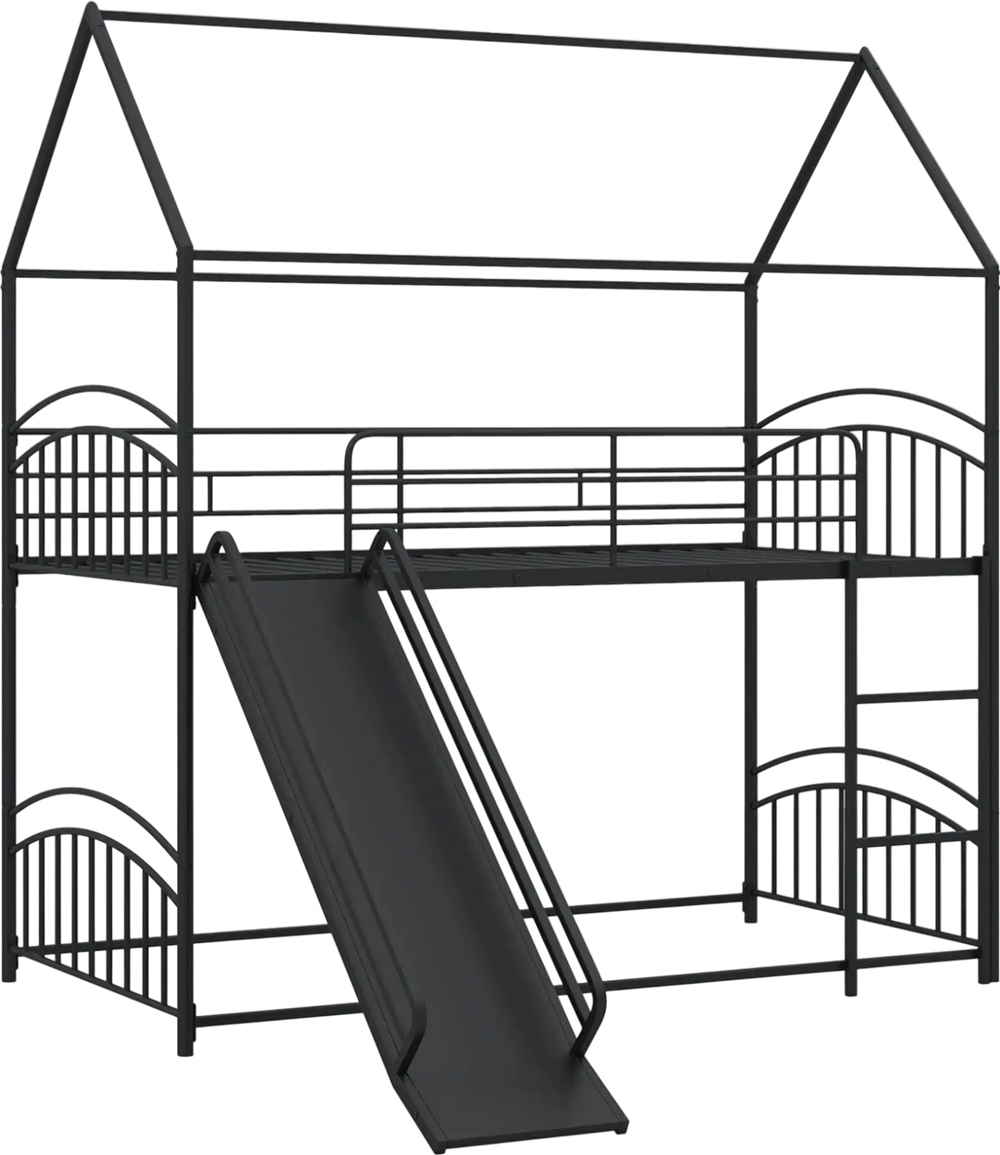 Twin-over-twin black house bunk bed frame with slide and ladder, ideal for kids' rooms and shared spaces.