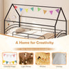 Twin-over-twin house bunk bed frame in black with colorful flags, ideal for kids' rooms and shared spaces.