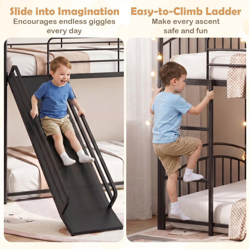 Twin-over-twin black bunk bed with integrated slide and easy-to-climb ladder, perfect for kids' rooms and fun play.