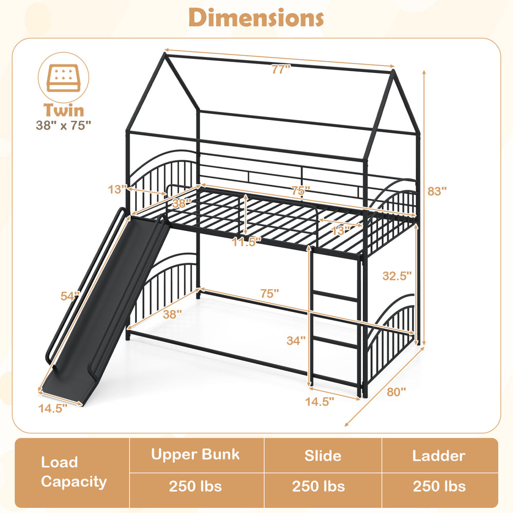 Twin-over-twin house bunk bed frame in black with slide and ladder, designed for kids' rooms and shared spaces.