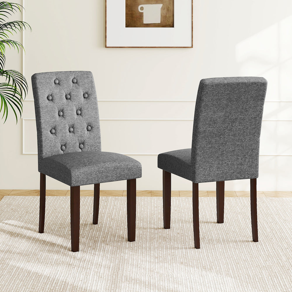 Button Tufted Fabric Upholstered Wooden Dining Chair Set of 2 with High Curved Back-Gray - Gallery View 1 of 10