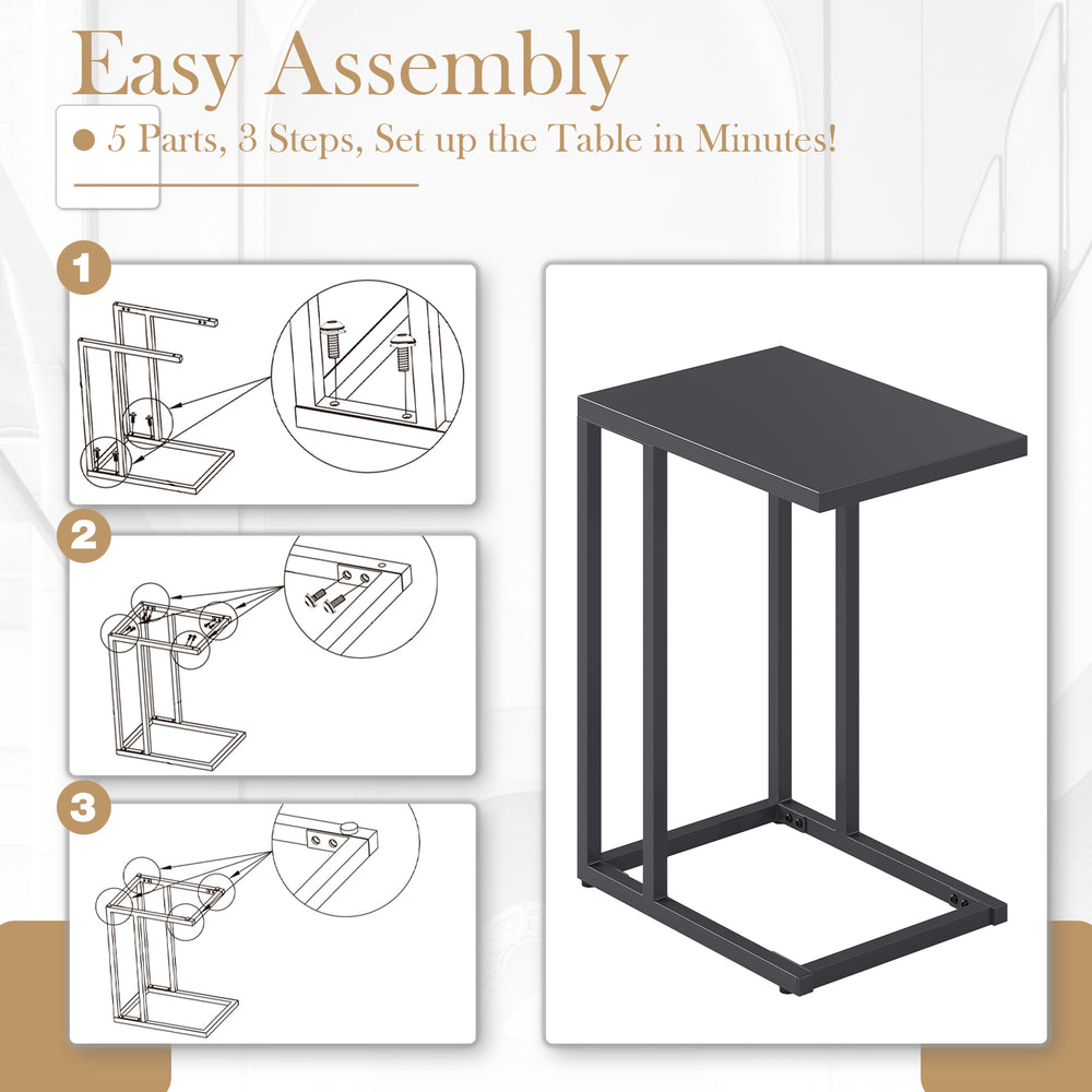 C-shaped side table in dark gray with adjustable foot pads, easy assembly in 3 steps for living room or bedroom use.