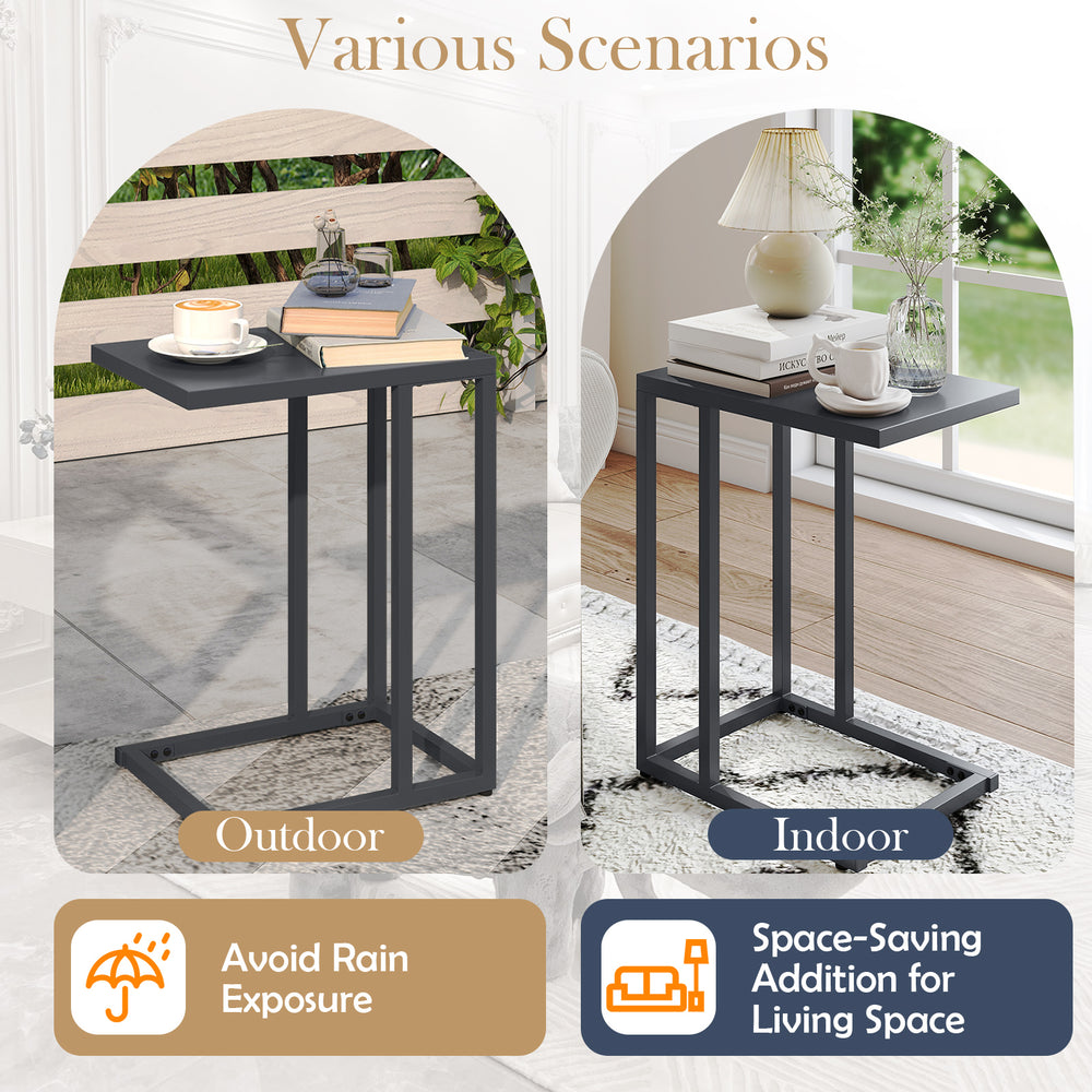 C-shaped side table in dark gray with adjustable foot pads, ideal for indoor and outdoor use, perfect for snacks and.
