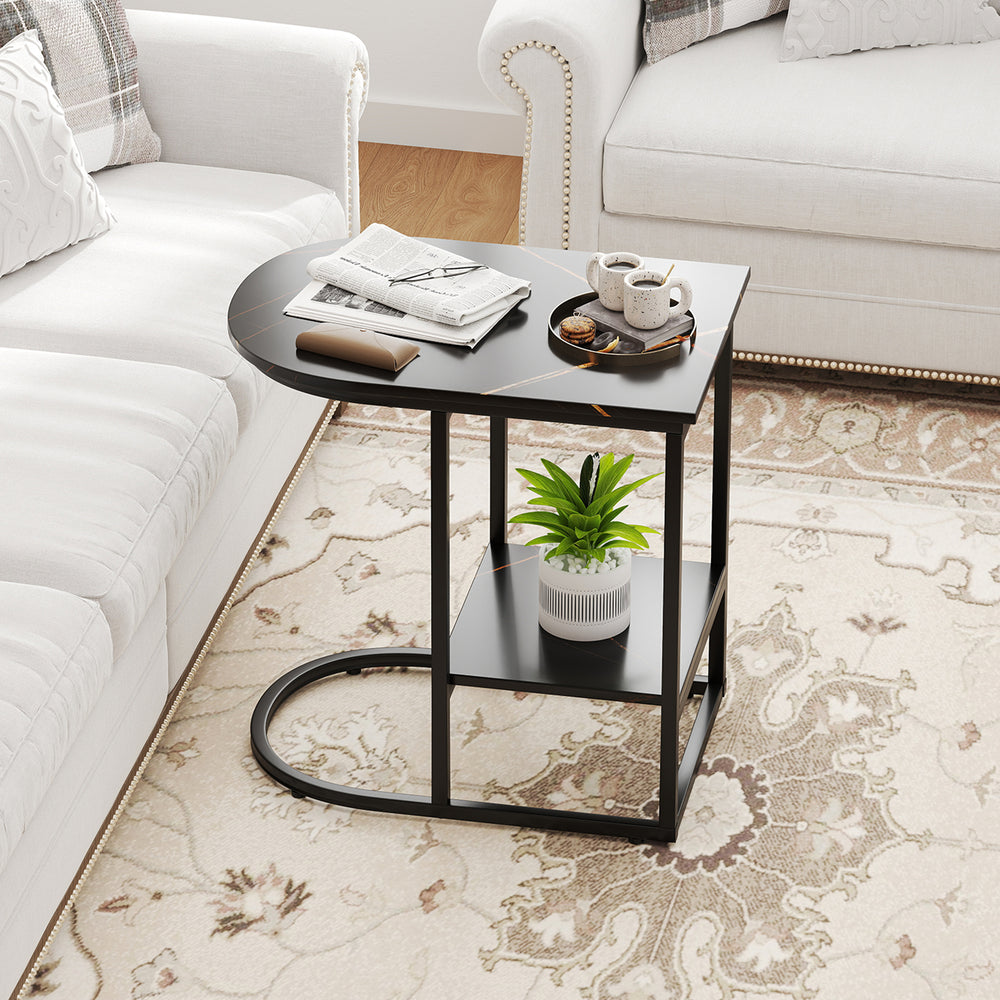 C-shaped Modern Sofa Side Table with Faux Marble Tabletop and Storage Shelf-Black - Gallery View 1 of 10