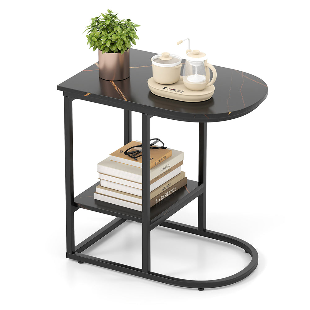 C-shaped modern sofa side table with faux marble tabletop and storage shelf, perfect for tight spaces in living rooms.