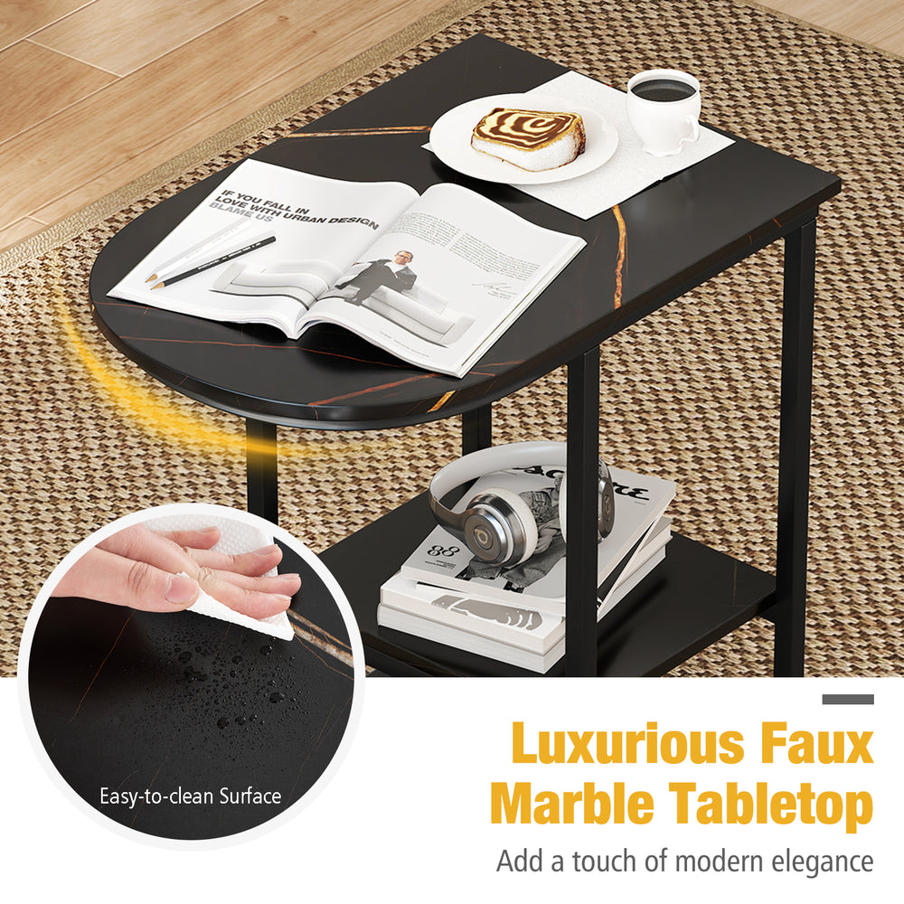 C-shaped modern side table with black faux marble tabletop and storage shelf, perfect for tight spaces in living rooms.