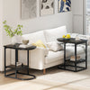 C-shaped modern sofa side table in black with faux marble top and two-tier storage, perfect for tight spaces.