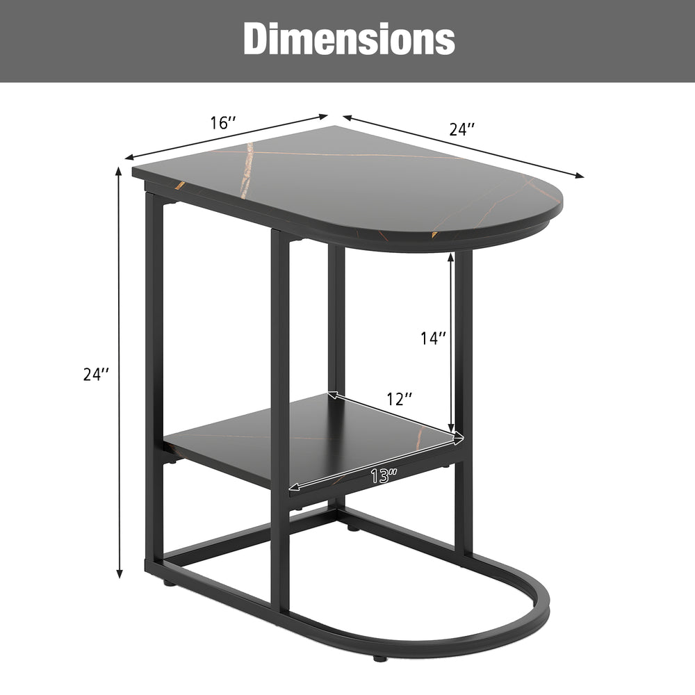 C-shaped modern sofa side table featuring a faux marble top and sturdy black metal frame, designed for convenient.