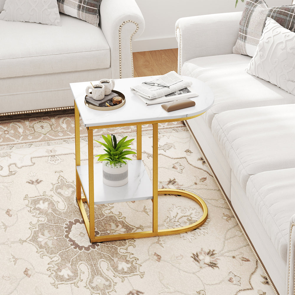 C-shaped Modern Sofa Side Table with Faux Marble Tabletop and Storage Shelf-White - Gallery View 1 of 10