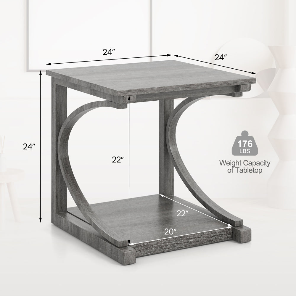 C-shaped grey end table with 24-inch tabletop, 2-tier design, and solid rubber wood frame for space-saving use.