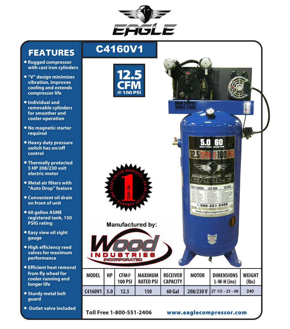 Eagle C4160V1 Air Compressor Upright 150 PSI 60 Gallon 12.5 CFM 5 HP Electric 208/230V New