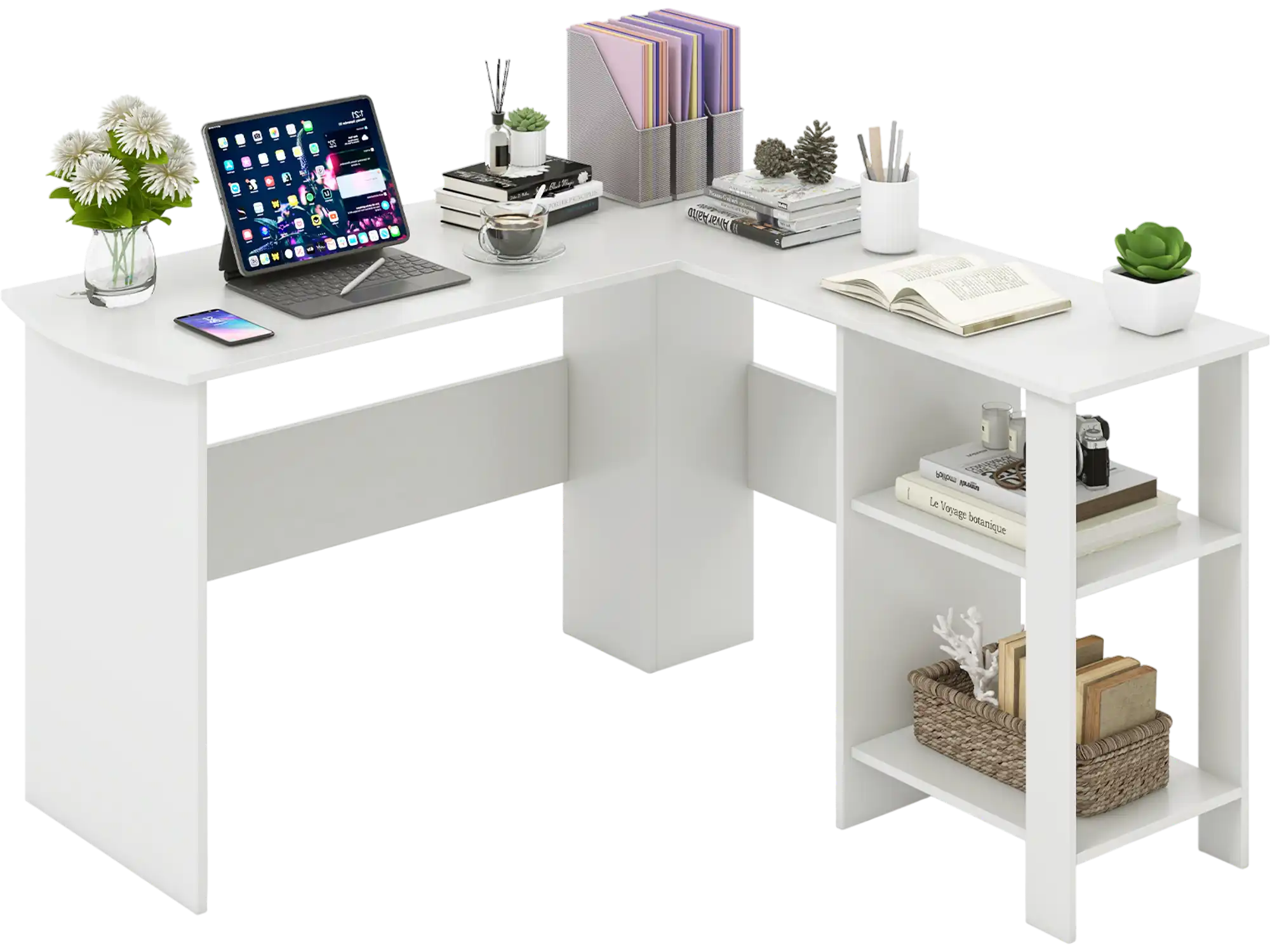 Costway Large Modern L-Shaped Computer Desk w/ 2 Cable Holes & 2 Storage Shelves 82496715 New