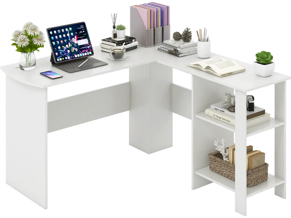 L-shaped white computer desk with large tabletop, 2 storage shelves, and cable holes for organized workspace.