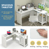 L-shaped white computer desk with large tabletop, storage shelves, and cable holes, ideal for corner workspace.