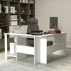 L-shaped modern white computer desk with two cable holes and side storage shelves for efficient workspace organization.