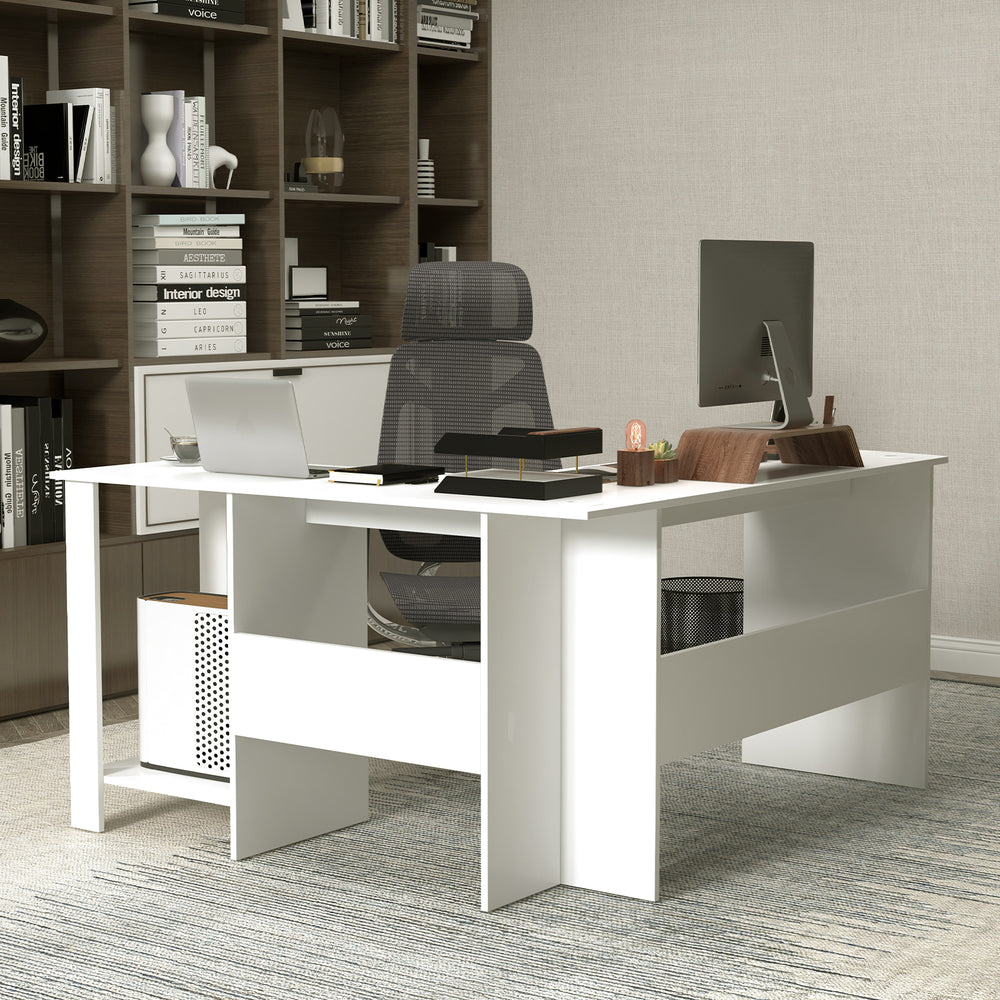 L-shaped modern white computer desk with two cable holes and side storage shelves for efficient workspace organization.