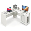 L-shaped white computer desk with large tabletop, cable holes, and side storage shelves for efficient workspace.
