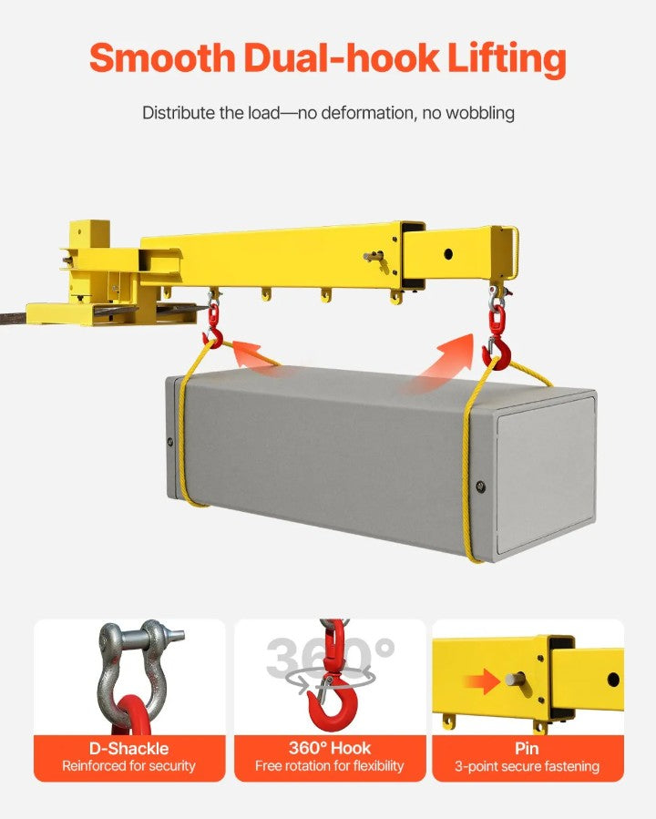 Vevor Adjustable Forklift Jib Boom Crane 6000 Lbs Capacity 2 Hooks Alloy Steel New