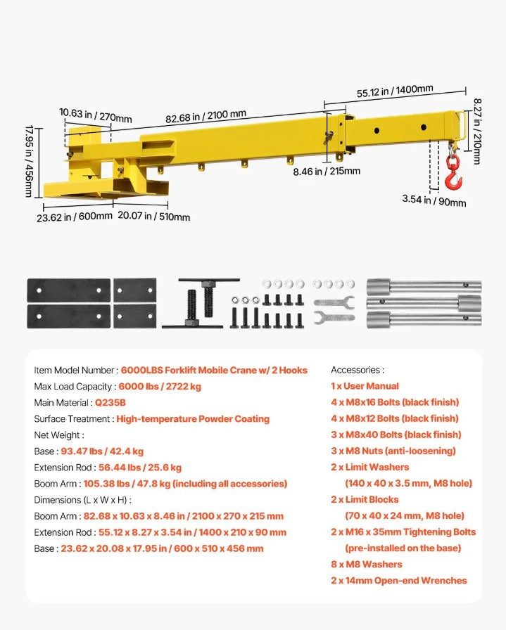 Vevor Adjustable Forklift Jib Boom Crane 6000 Lbs Capacity 2 Hooks Alloy Steel New