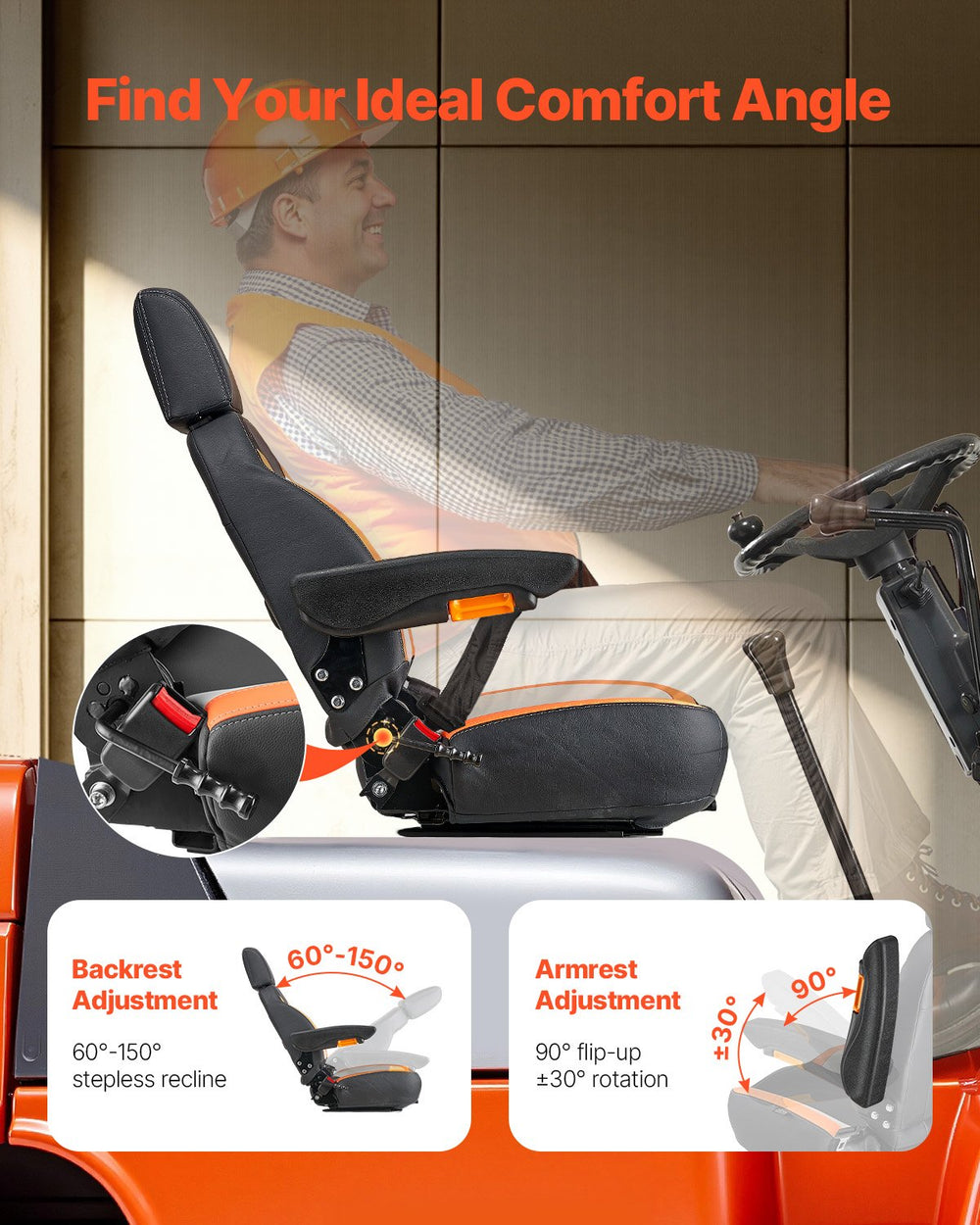 Vevor Forklift Tractor Seat 150° Reclining Backrest Adjustable Headrest Universal Fit New