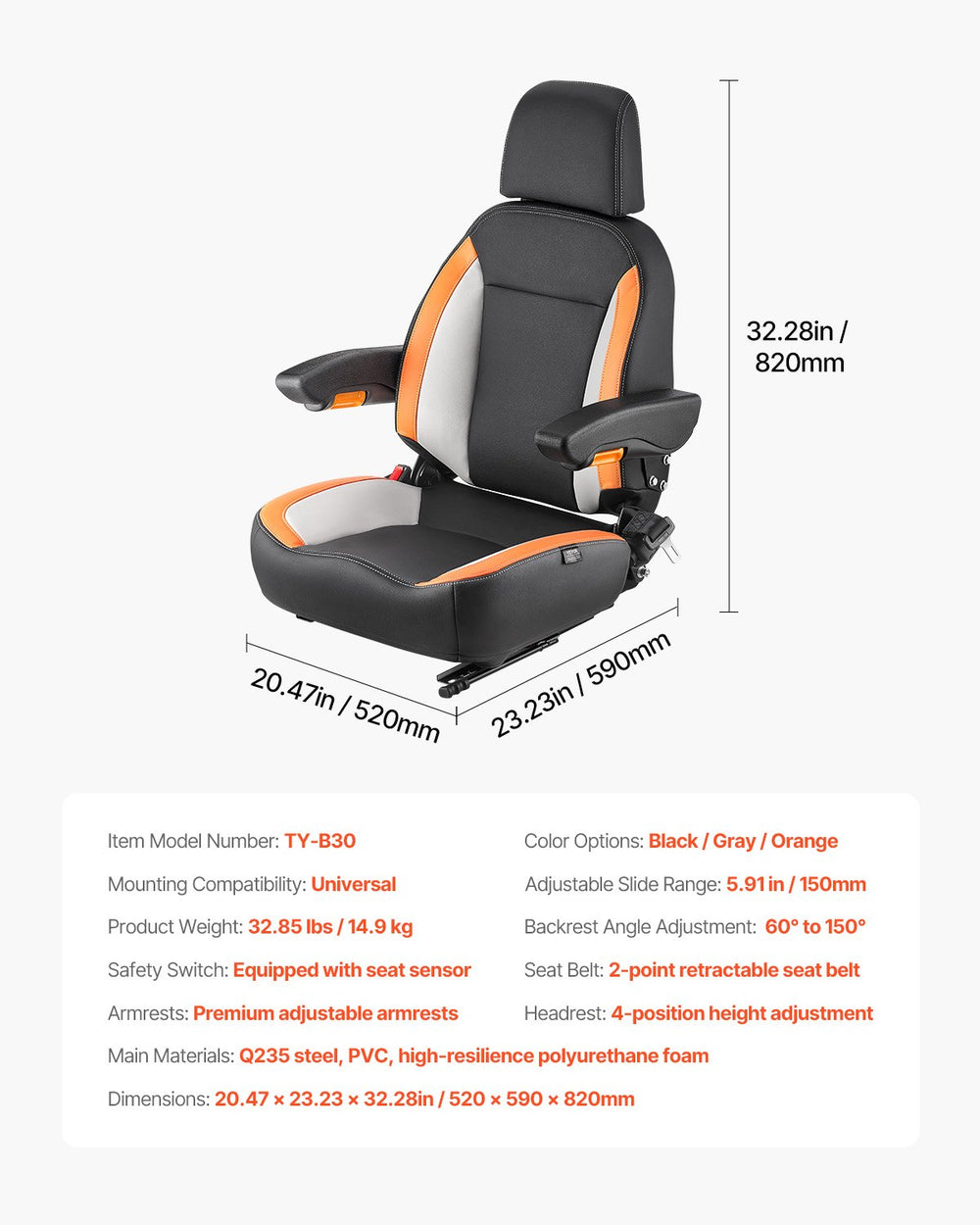 Vevor Forklift Tractor Seat 150° Reclining Backrest Adjustable Headrest Universal Fit New