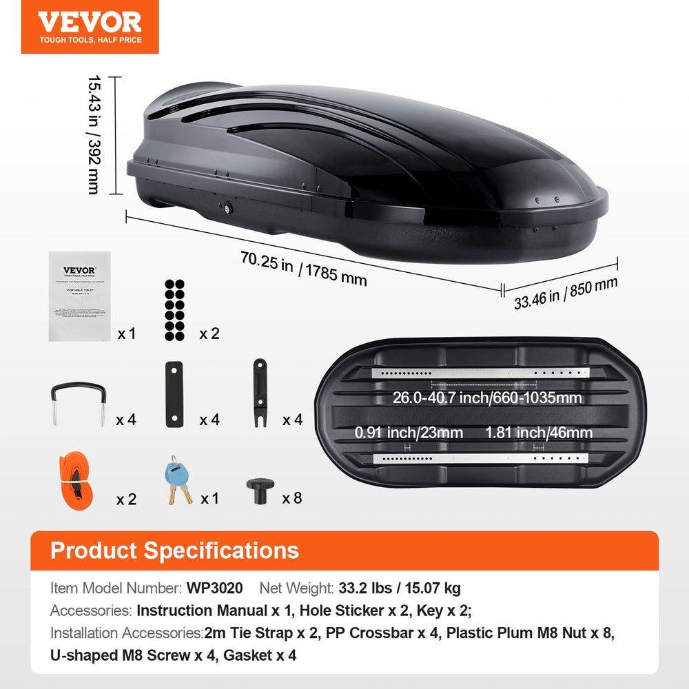Vevor Rooftop Cargo Carrier 11 Cu. Ft. ABS Hard Shell Luggage Box with Dual-Sided Opening and 2 Straps New