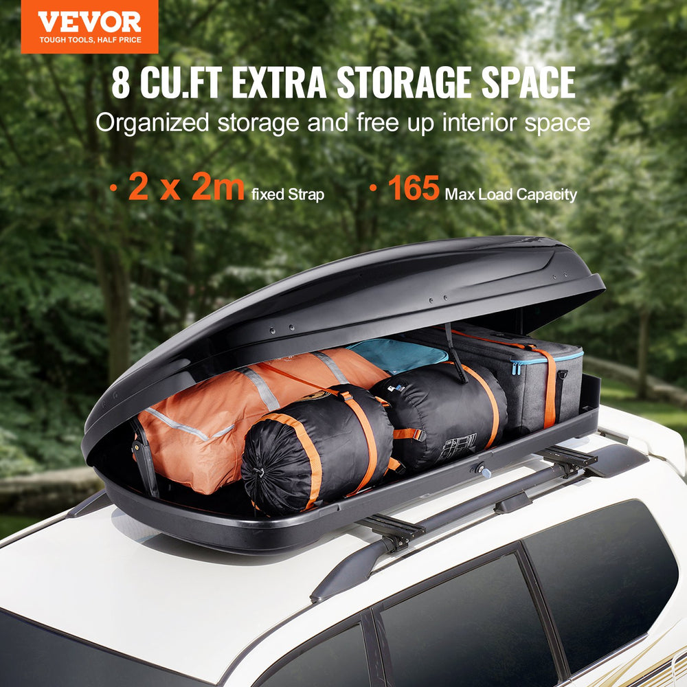 Vevor Rooftop Cargo Carrier 8 Cu. Ft. ABS Hard Shell Luggage Box with Dual-Sided Opening and 2 Straps New