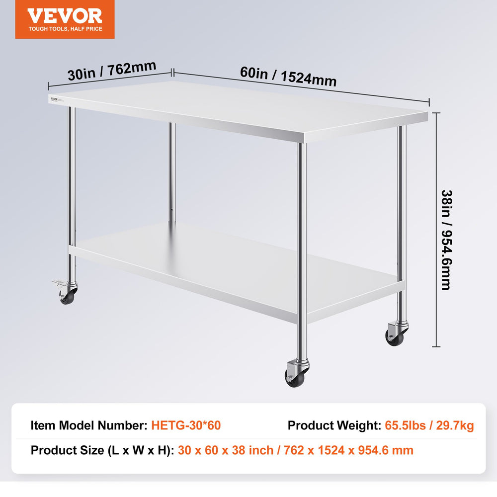 Vevor Prep Table 30" x 60" x 38" Stainless Steel 910 Lbs. Capacity with Adjustable Shelf New