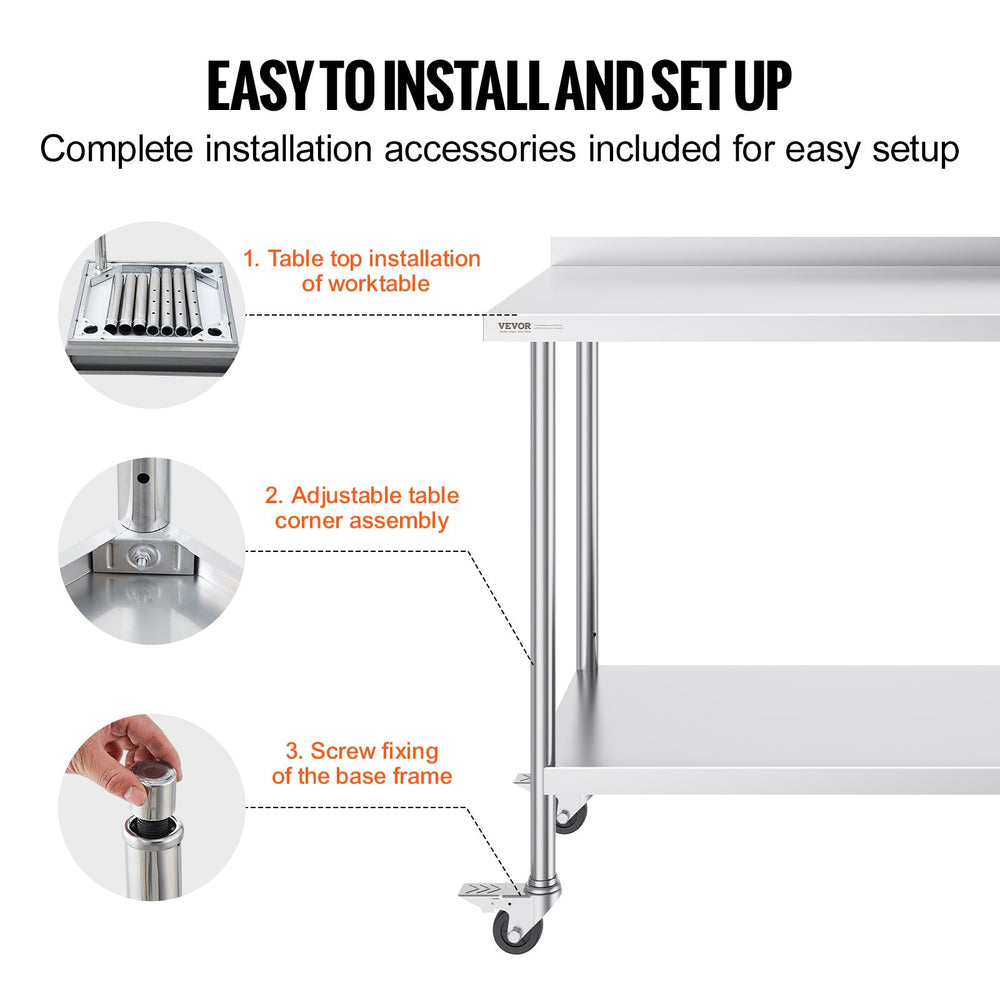 Vevor Prep Table 24" x 48" x 40" Stainless Steel 800 Lbs. Capacity with Rear Baffle and Adjustable Shelf New