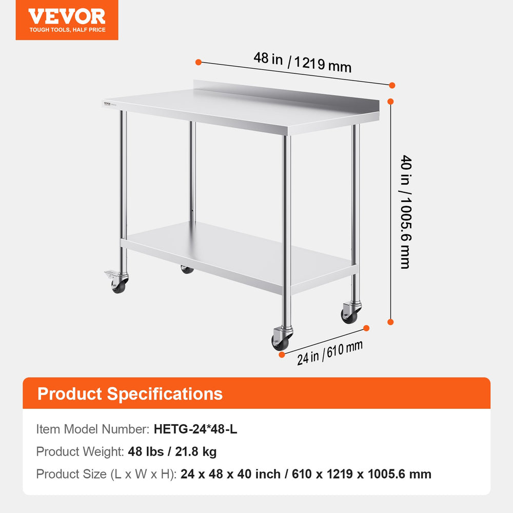 Vevor Prep Table 24" x 48" x 40" Stainless Steel 800 Lbs. Capacity with Rear Baffle and Adjustable Shelf New