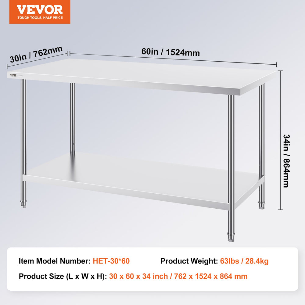 Vevor Prep Table 30" x 60" x 34" Stainless Steel 910 Lbs. Capacity with Adjustable Shelf New