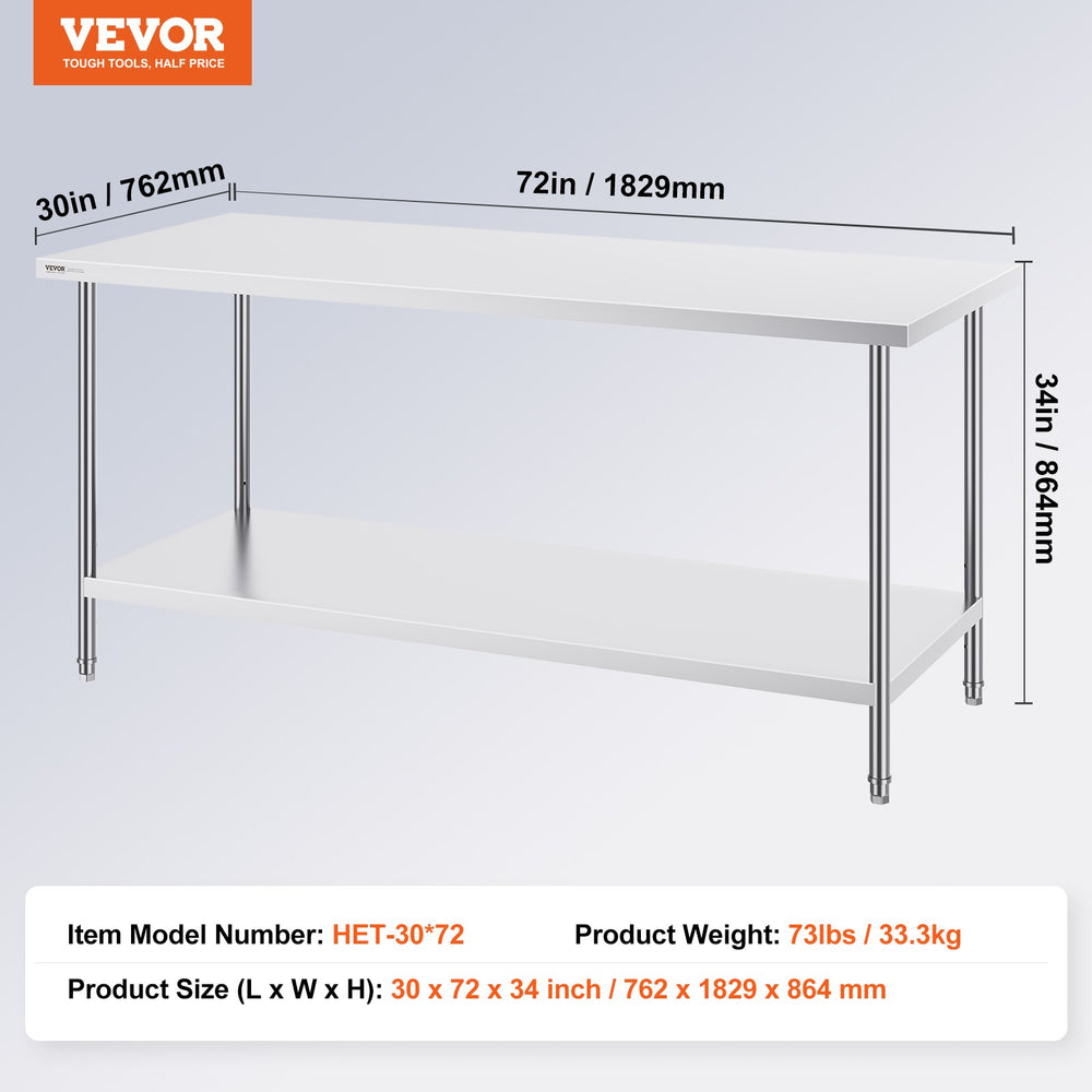 Vevor Prep Table 30" x 72" x 34" Stainless Steel 920 Lbs. Capacity with Adjustable Shelf New