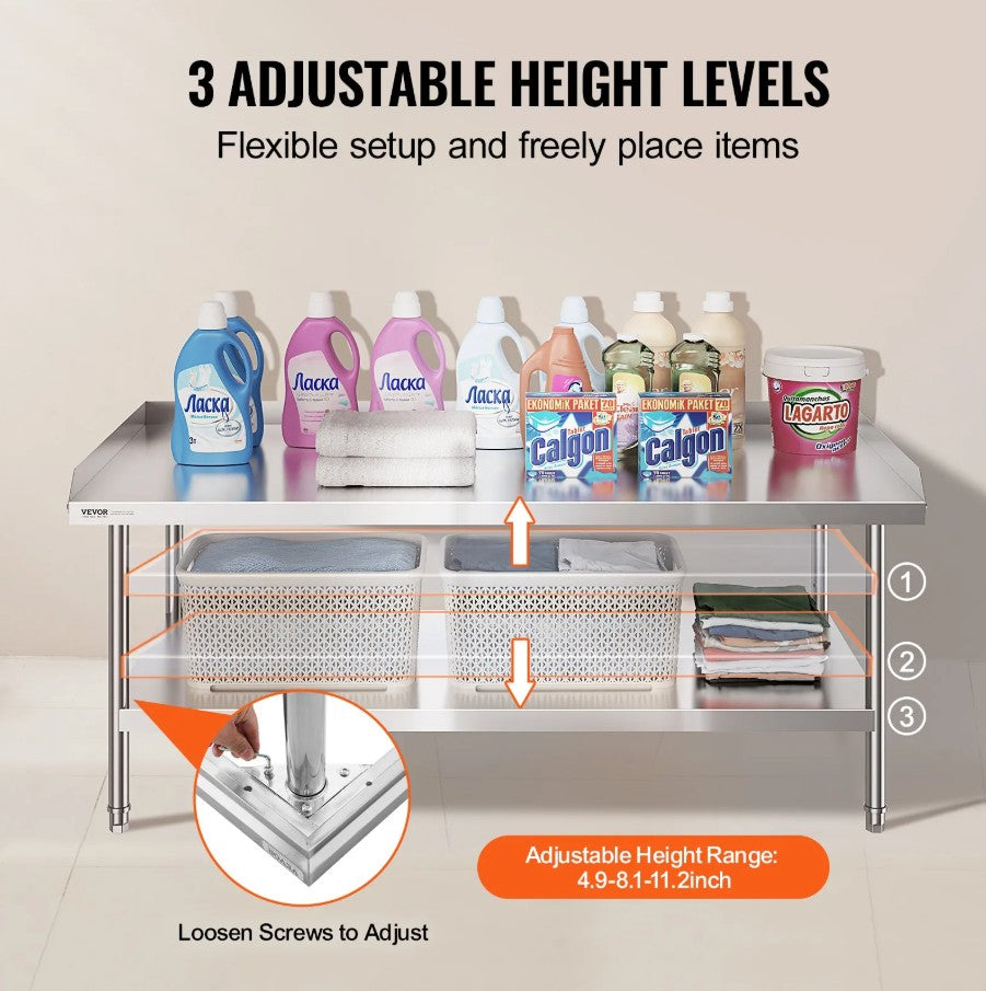 Vevor Stainless Steel Prep Table 30"x60" Commercial with Backsplash and Adjustable Shelf New