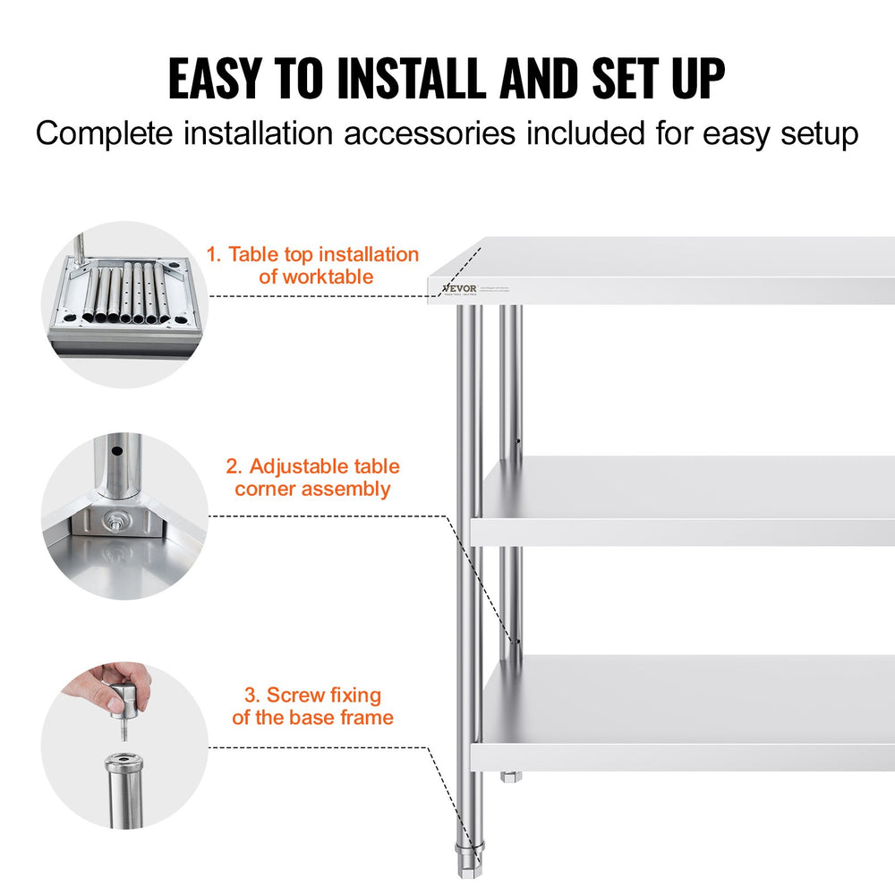 Vevor Prep Table 18" x 48" x 34" Stainless Steel 1200 Lbs. Capacity with 2 Adjustable Undershelf New