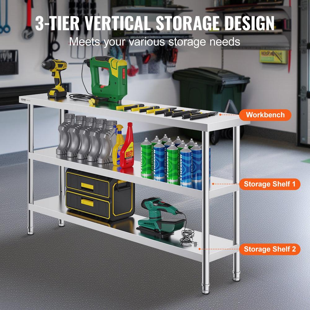 Vevor Prep Table 14" x 60" x 34" Stainless Steel 1200 Lbs. Capacity with 2 Adjustable Undershelf New