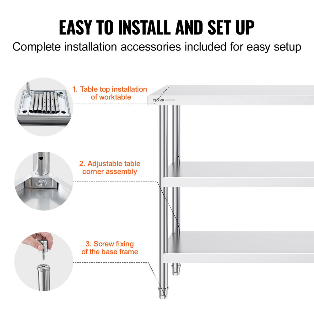 Vevor Prep Table 14" x 60" x 34" Stainless Steel 1200 Lbs. Capacity with 2 Adjustable Undershelf New