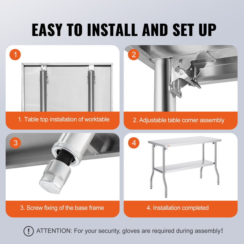 Vevor Folding Commercial Prep Table 48" x 24" Stainless Steel 300 lbs. Capacity with Bottom Shelf New