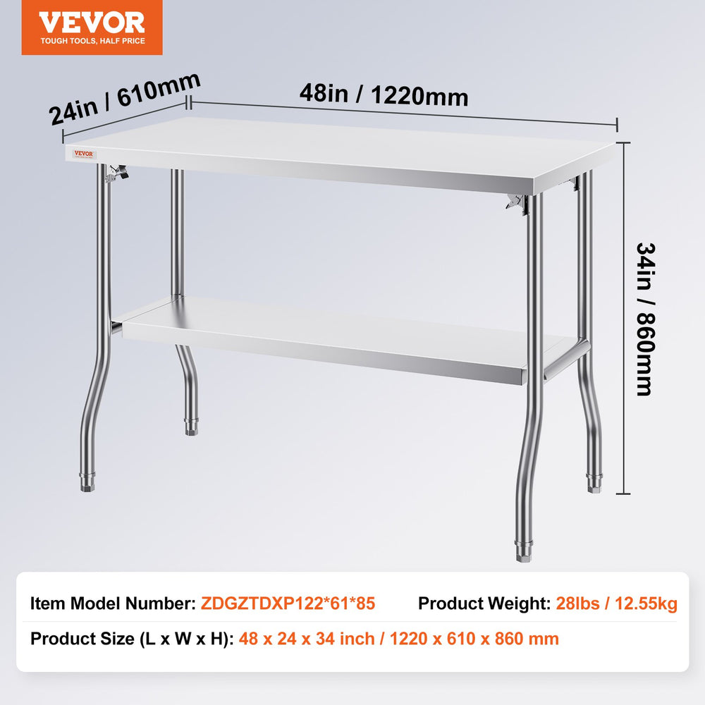 Vevor Folding Commercial Prep Table 48" x 24" Stainless Steel 300 lbs. Capacity with Bottom Shelf New