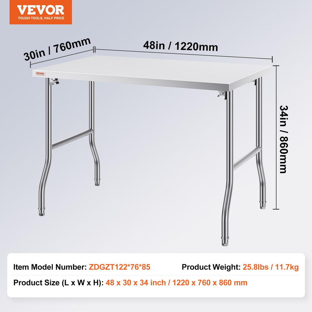 Vevor Folding Commercial Prep Table 48" x 30" Stainless Steel 220 Lbs. Capacity New