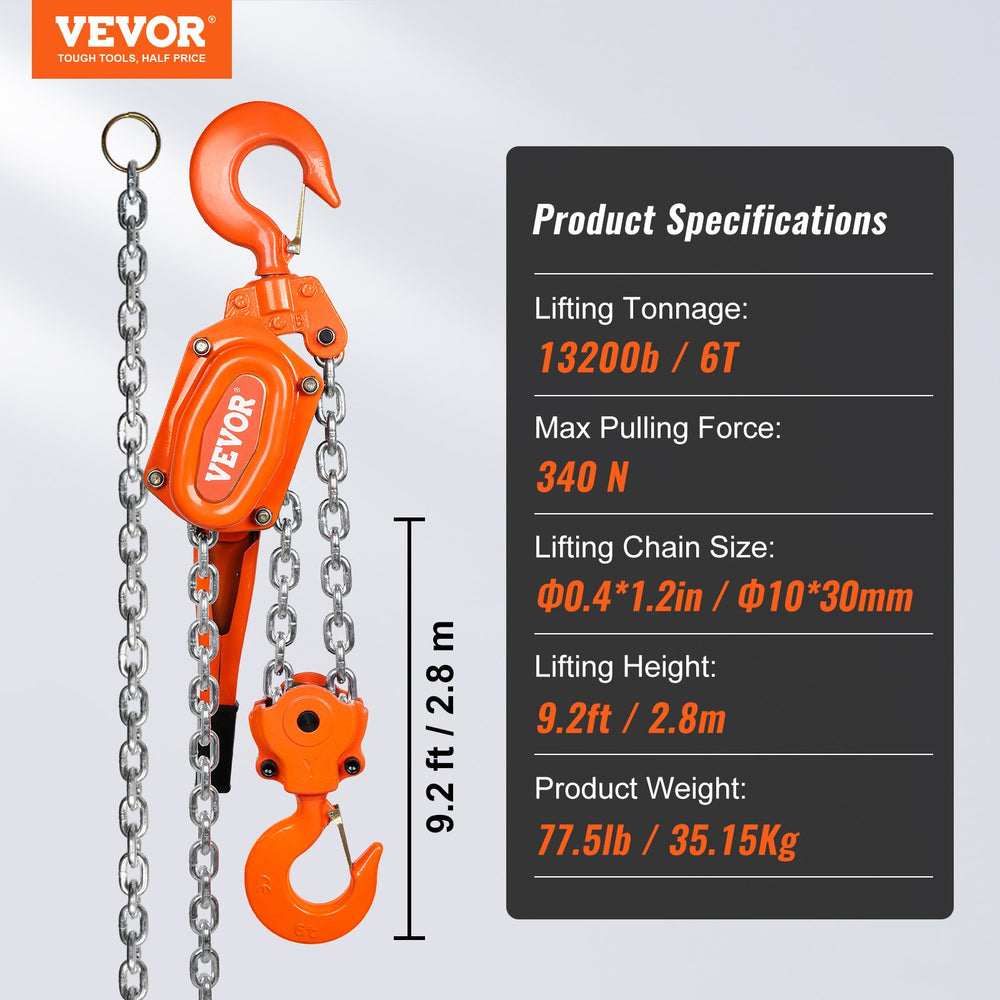 Vevor Manual Lever Hoist 13200 Lbs 6 Ton Capacity 9.2' G80 Galvanized Steel Chain with Weston Break New