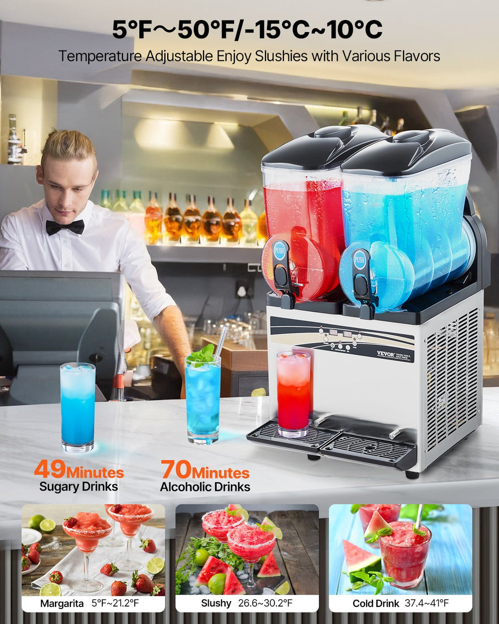 Vevor Commercial Slushy Machine Dual 3.96 Gal Tanks with Temperature Control and Auto Cleaning New