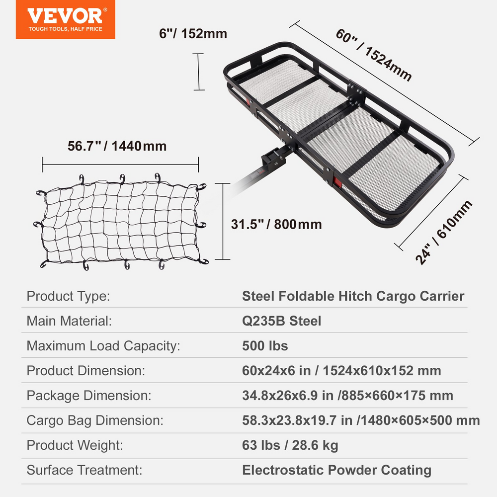 Vevor CW03 Hitch Cargo Carrier Folding 60" x 24" x 6" 500 lbs Load Capacity With Stabilizer Fits 2" Hitch Receiver Steel New