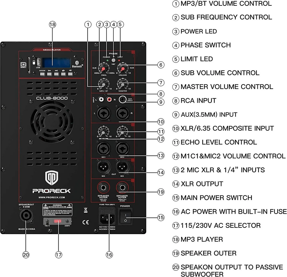 Proreck CLUB-8000 PA Speaker System 8000W Combo 6 Line Array Speakers and 18" Subwoofer with Bluetooth and Remote New