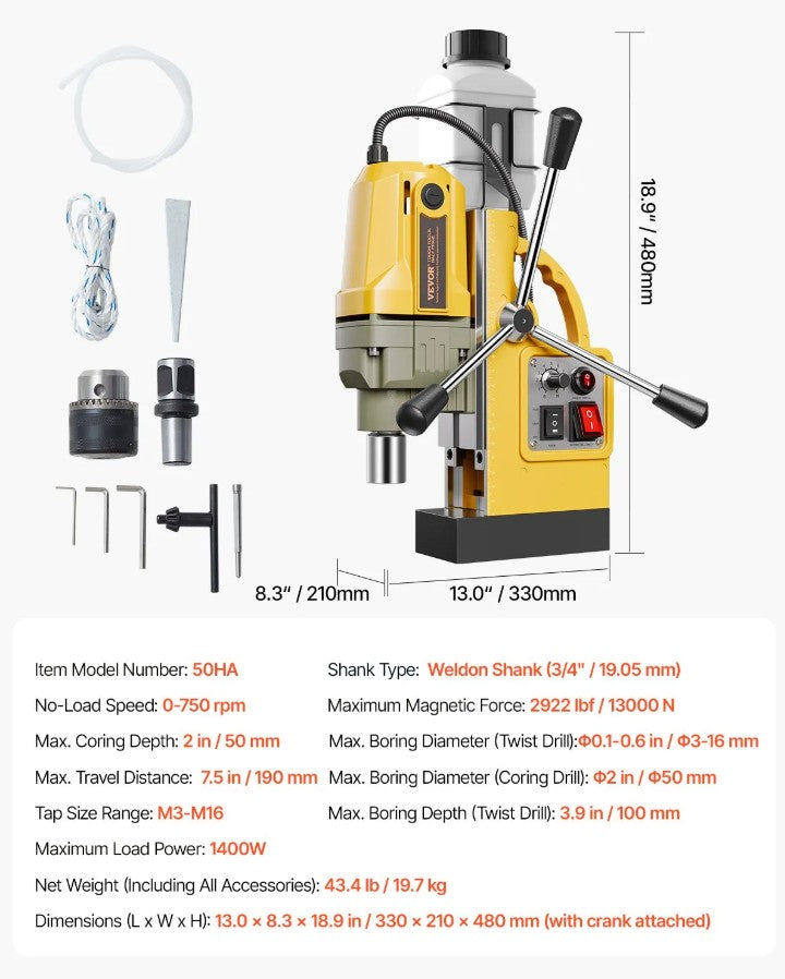 Vevor Magnetic Drill Press 1400W 2" Boring Diameter 2922 lbf Magnetic Force 0-750 RPM New