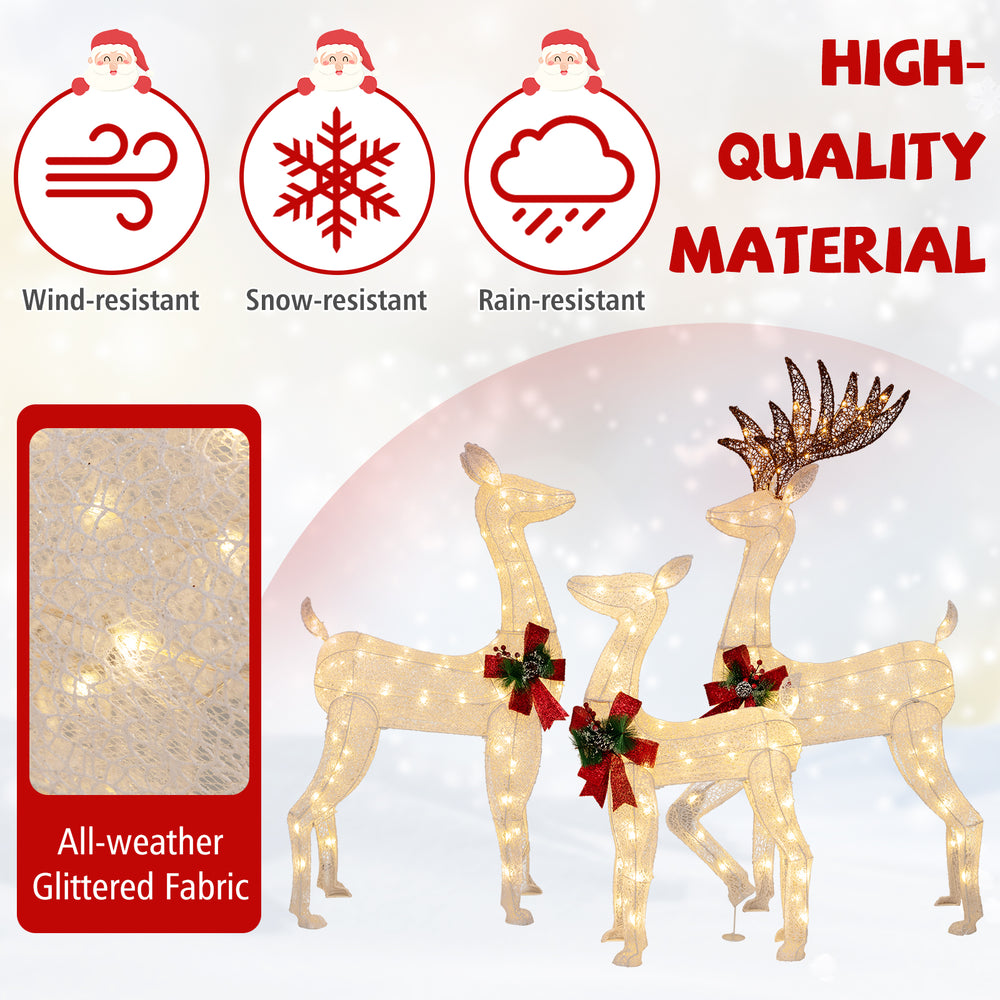 Three pre-lit Christmas reindeer family with 230 warm white LED lights, crafted from all-weather glitter fabric for.