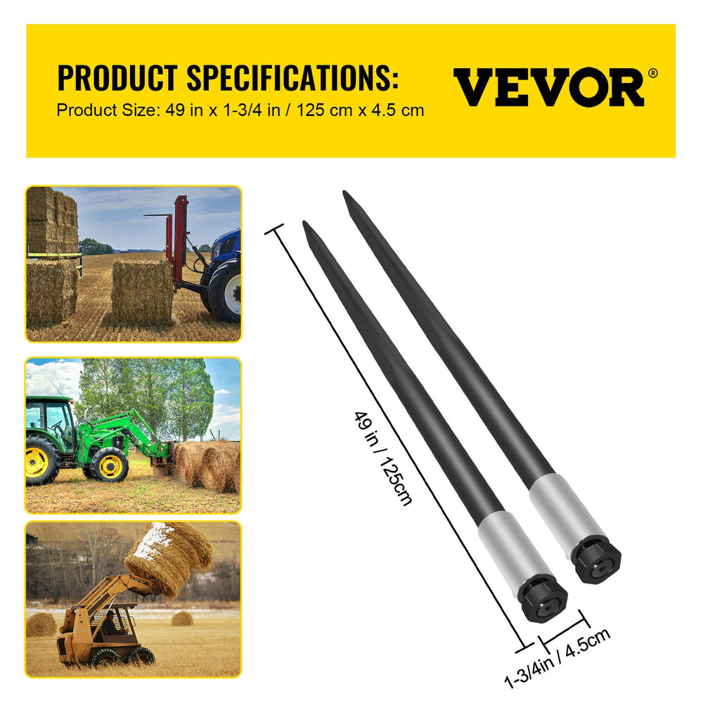 Vevor Attachment Bale Spears 49" 4000 lbs. Capacity Quick Attach Hex Nut and Sleeve for Bucket Hay Spears 2 PC New