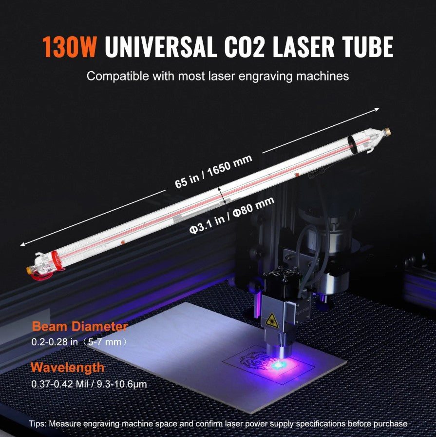 Vevor 130W CO2 Laser Tube 65" Borosilicate Glass Cutter Tube 10,000-Hour Lifespan New